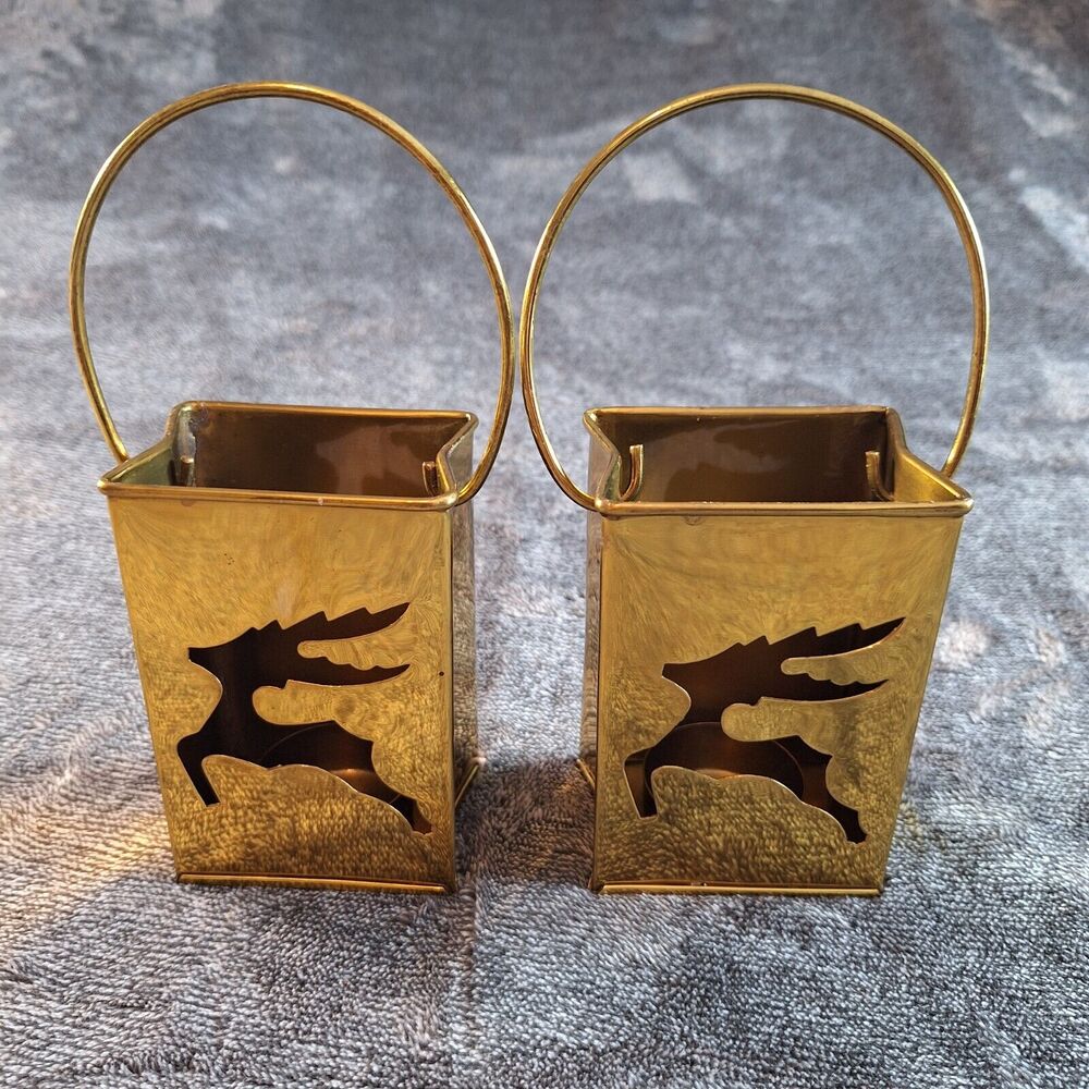 Brass Luminary Reindeer Bags Tealight/Votive Candle Holders Set Of‎ 2 Christmas